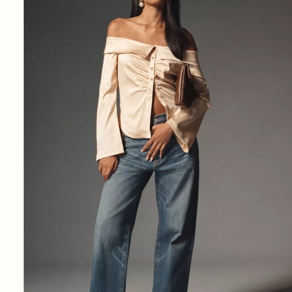 By Anthropologie Off-The-Shoulder Collared Silky Shirt - NWT Size L - Picture 2 of 8